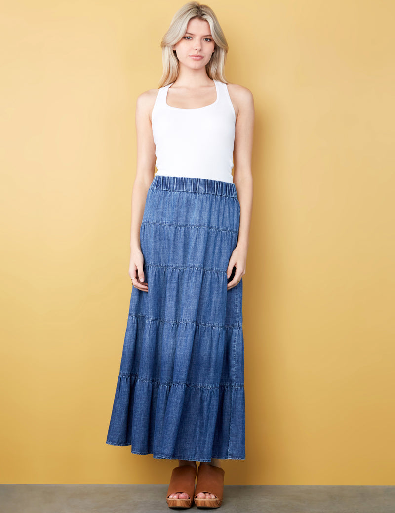 Women's Designer Brand Tiered Denim Maxi Skirt