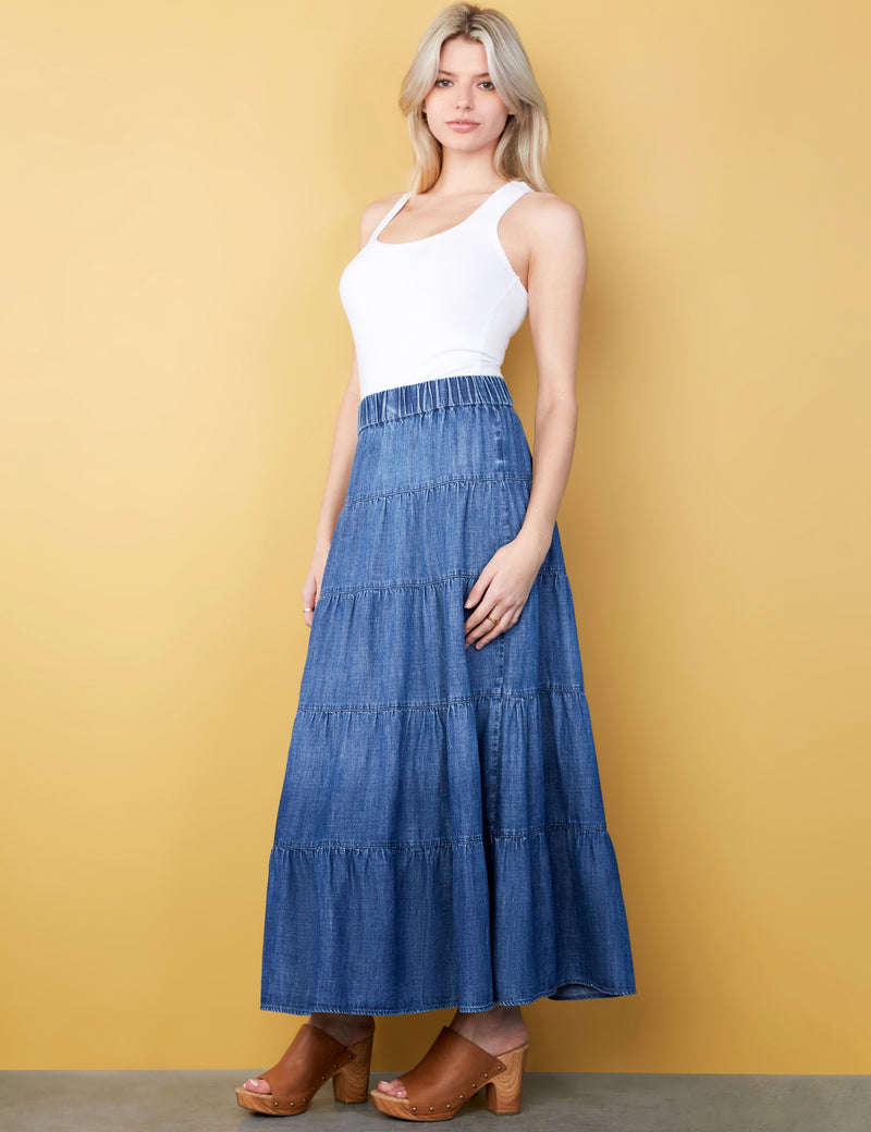 Women's Designer Brand Tiered Denim Maxi Skirt