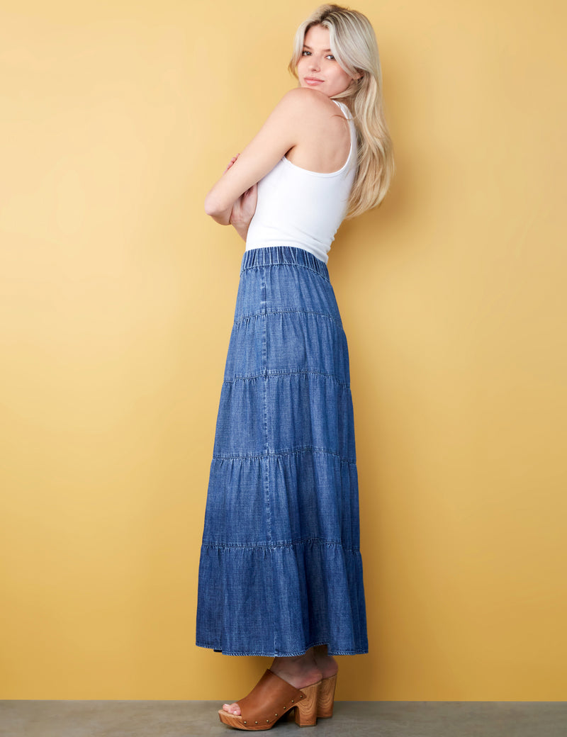 Women's Designer Brand Tiered Denim Maxi Skirt