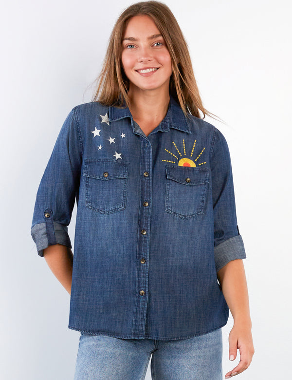 Women's Fashion Embroidered Dusk Denim Hello Sunshine Shirt