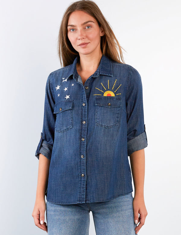Women's Fashion Dusk Denim Embroidered Hello Sunshine Shirt