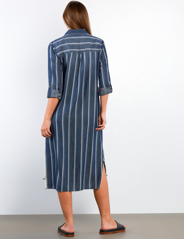 Women's Fashion Indigo Cabana Striped Daydream Shirtdress Back View