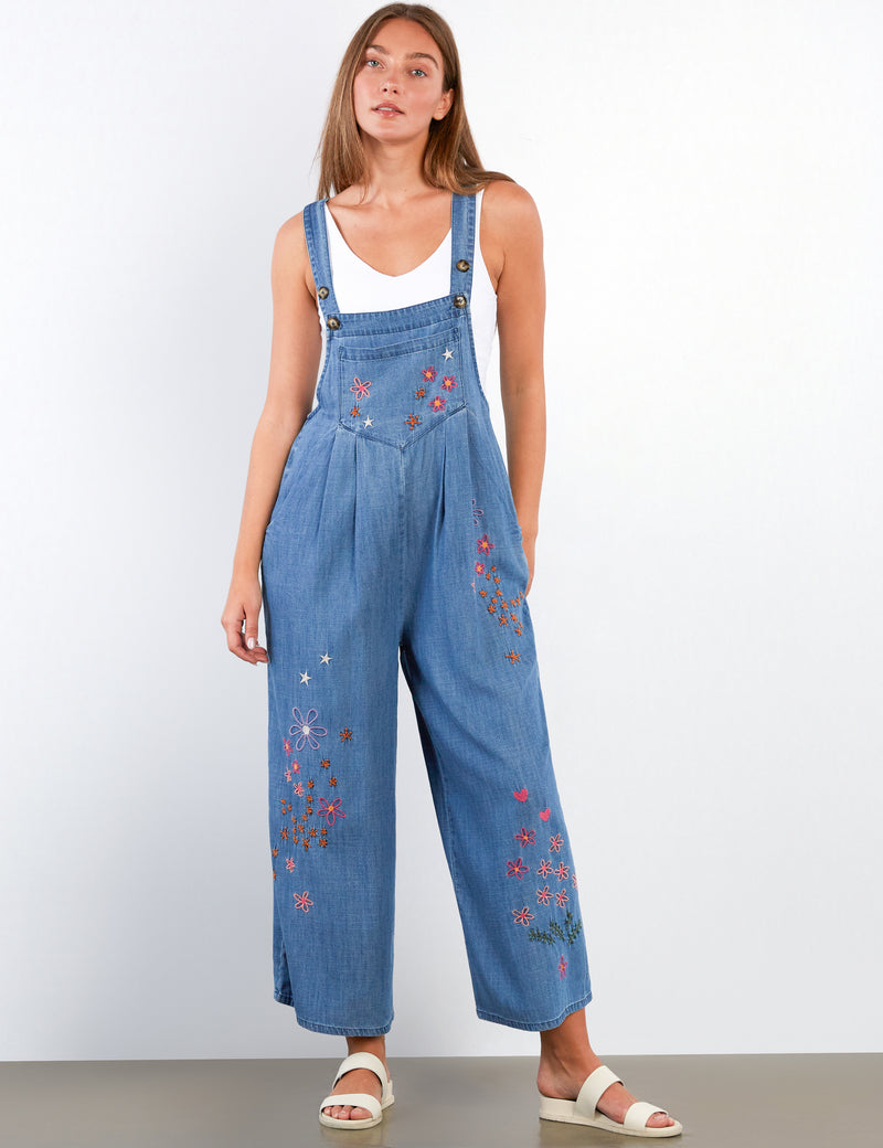 Women's Fashion Denim In Full Bloom Embroidered Overalls 