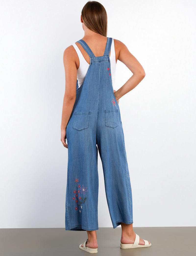 Women's Fashion Denim In Full Bloom Embroidered Overalls Back view