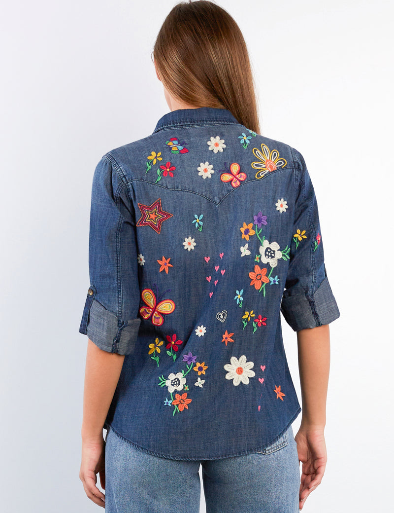 Women's Fashion Dusk Denim Sketchbook Embroidered Shirt Back View