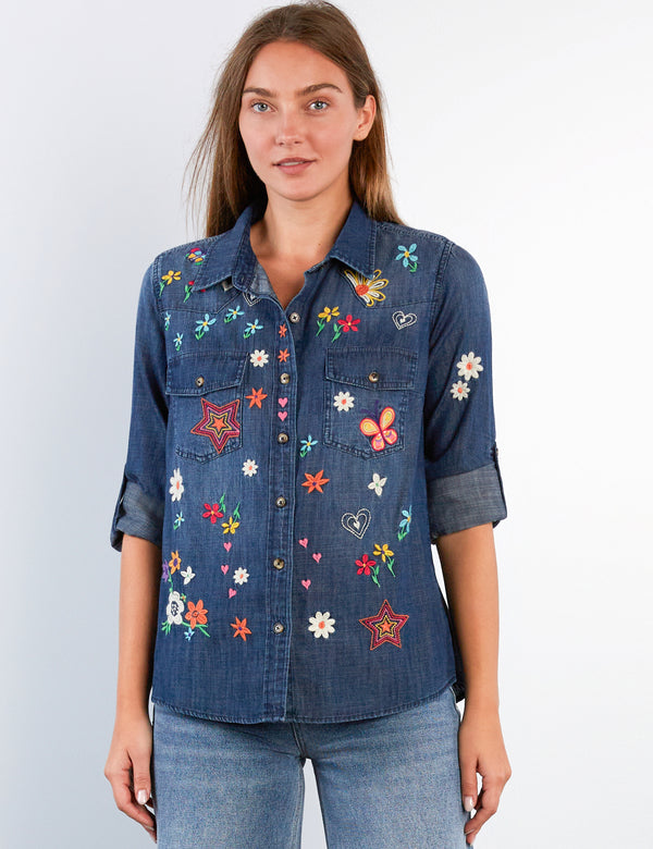 Women's Fashion Dusk Denim Sketchbook Embroidered Shirt Front view