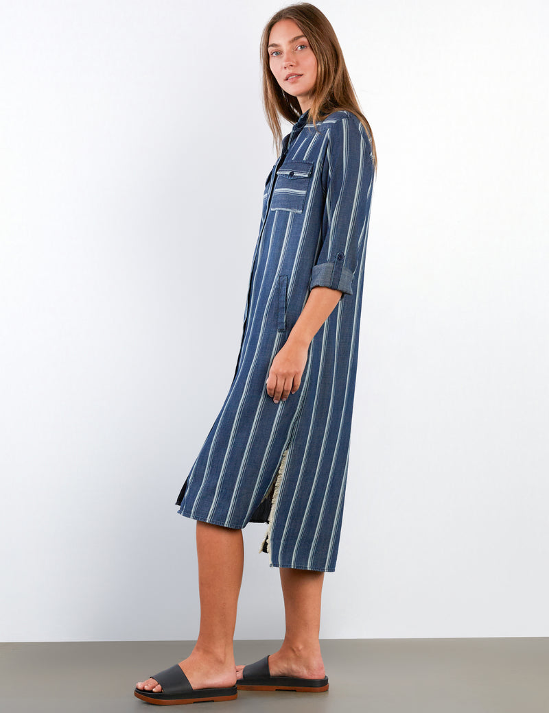 Women's Fashion Indigo Cabana Striped Daydream Shirtdress Side View