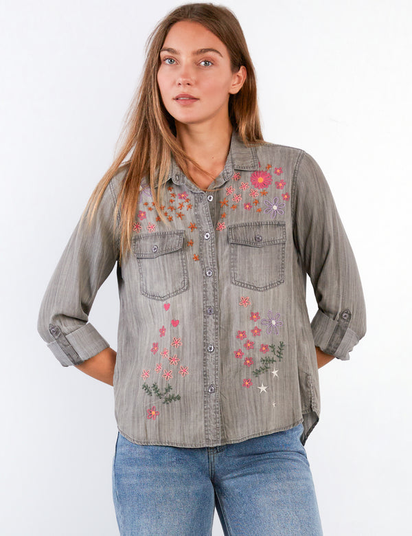 Women's Fashion Perfect Grey Floral Crush Embroidery Shirt