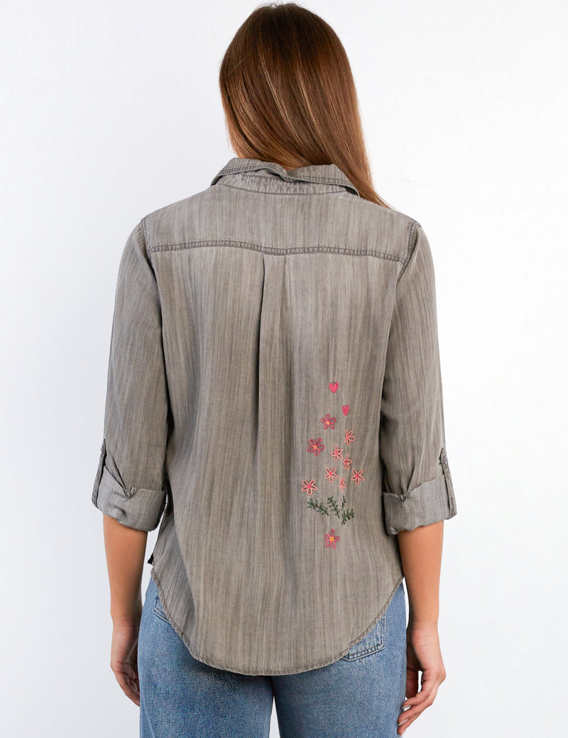 Women's Fashion Perfect Grey Floral Crush Embroidery Shirt