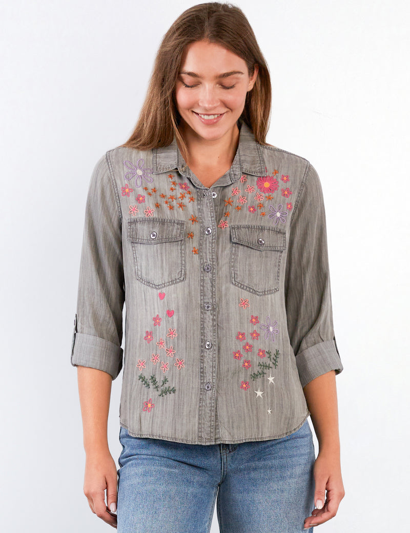 Women's Fashion Perfect Grey Floral Crush Embroidery Shirt
