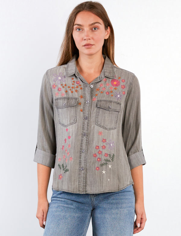 Women's Fashion Perfect Grey Floral Crush Embroidery Shirt