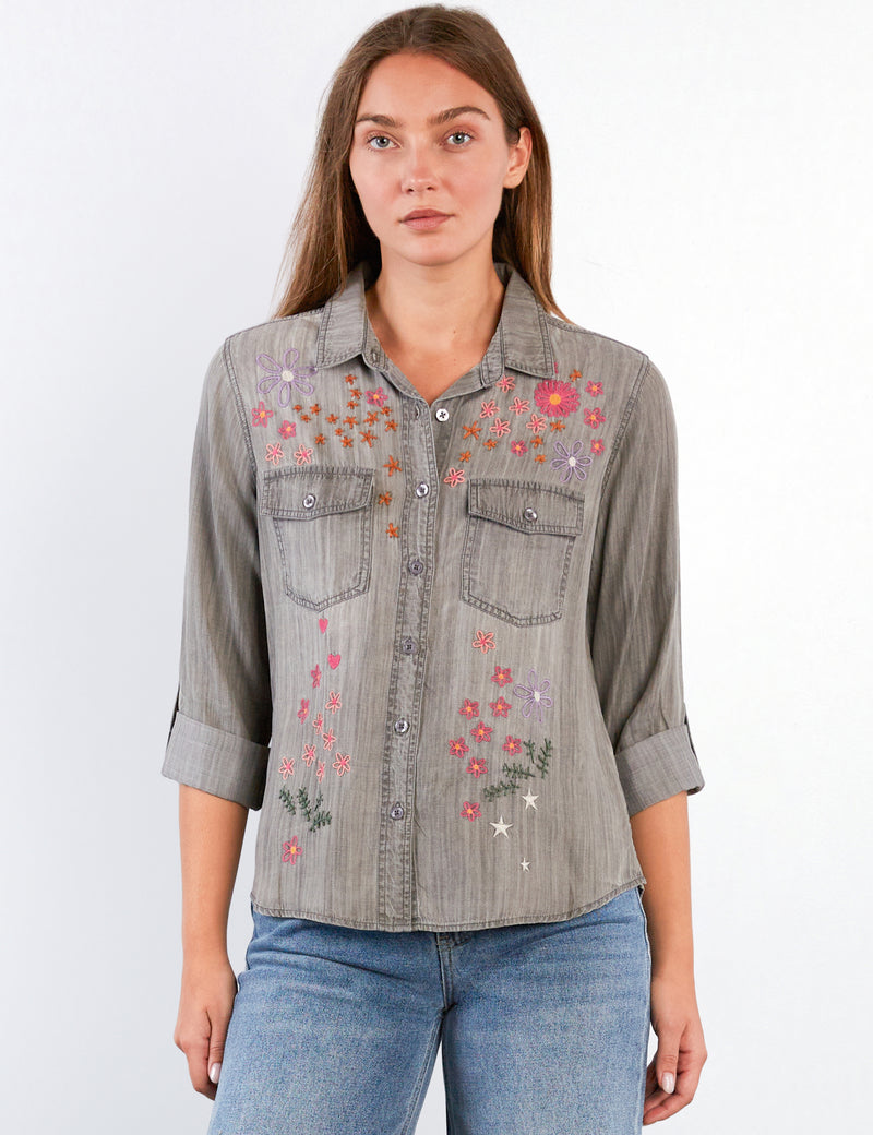 Women's Fashion Perfect Grey Floral Crush Embroidery Shirt