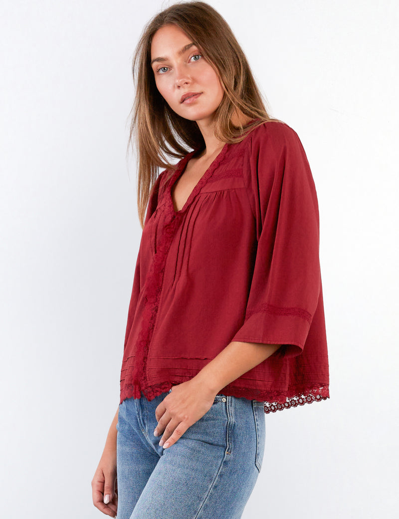 Women's Fashion Red Fable Lace Blouse Shirt Side View