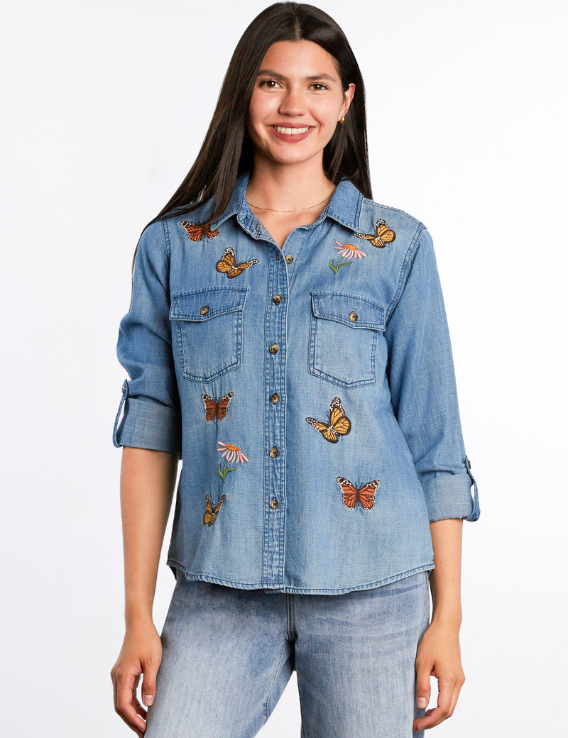 Women's Fashion Washed Denim Butterflies Embroidered Shirt 