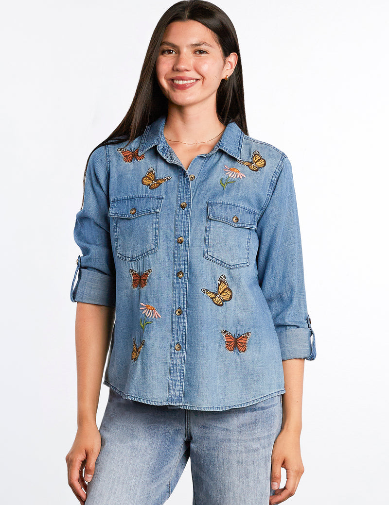 Women's Fashion Washed Denim Denim Butterflies Shirt