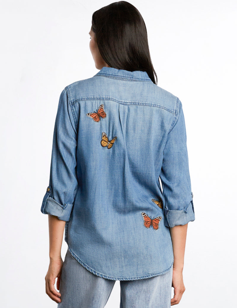 Women's Fashion Washed Denim Butterflies Embroidered Shirt Back View