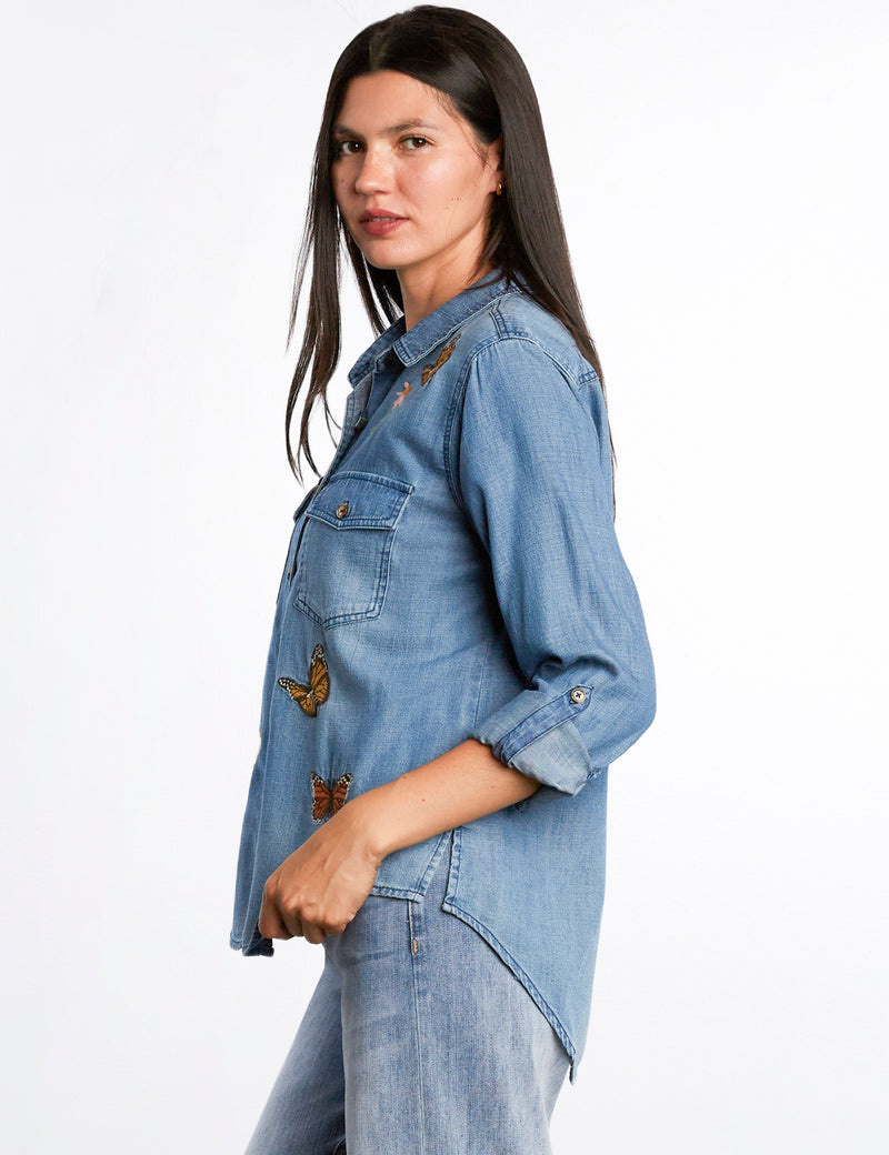 Women's Fashion Washed Denim Butterflies Embroidered Shirt  Side View