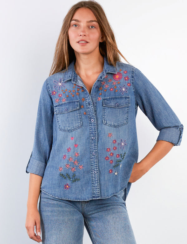 Women's Fashion Denim Floral Crush Embroidery Shirt