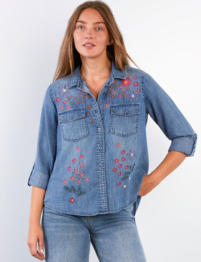 Women's Fashion Denim Floral Crush Embroidery Shirt