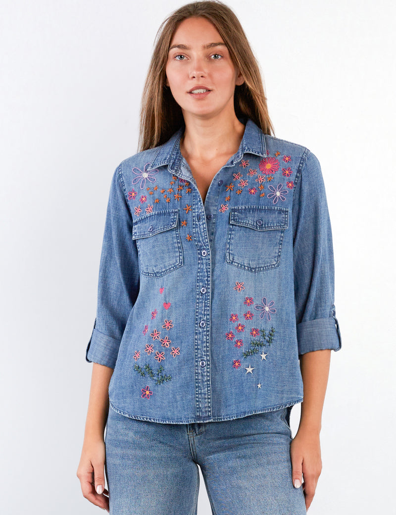 Women's Fashion Denim Floral Crush Embroidery Shirt