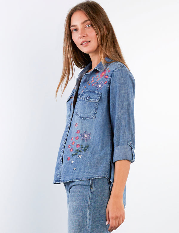 Women's Fashion Denim Floral Crush Embroidery Shirt