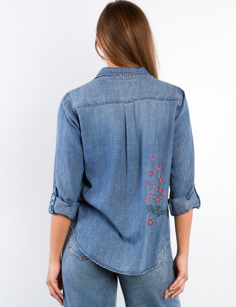 Women's Fashion Denim Floral Crush Embroidery Shirt
