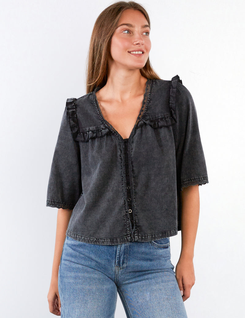 Women's Juliet Grey Lace Button-Front Shirt Front View