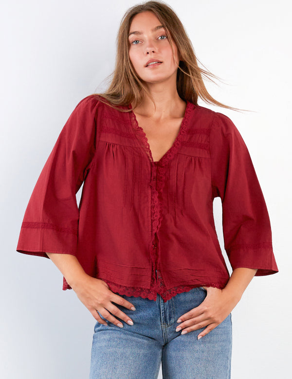 Women's Fashion Red Fable Lace Blouse Shirt