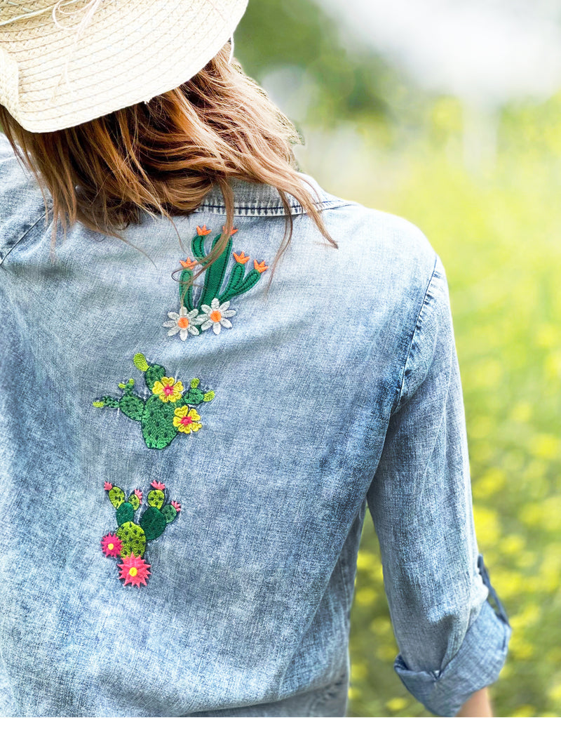Follow The Sun Embroidery Button Front Shirt Back View Close Up