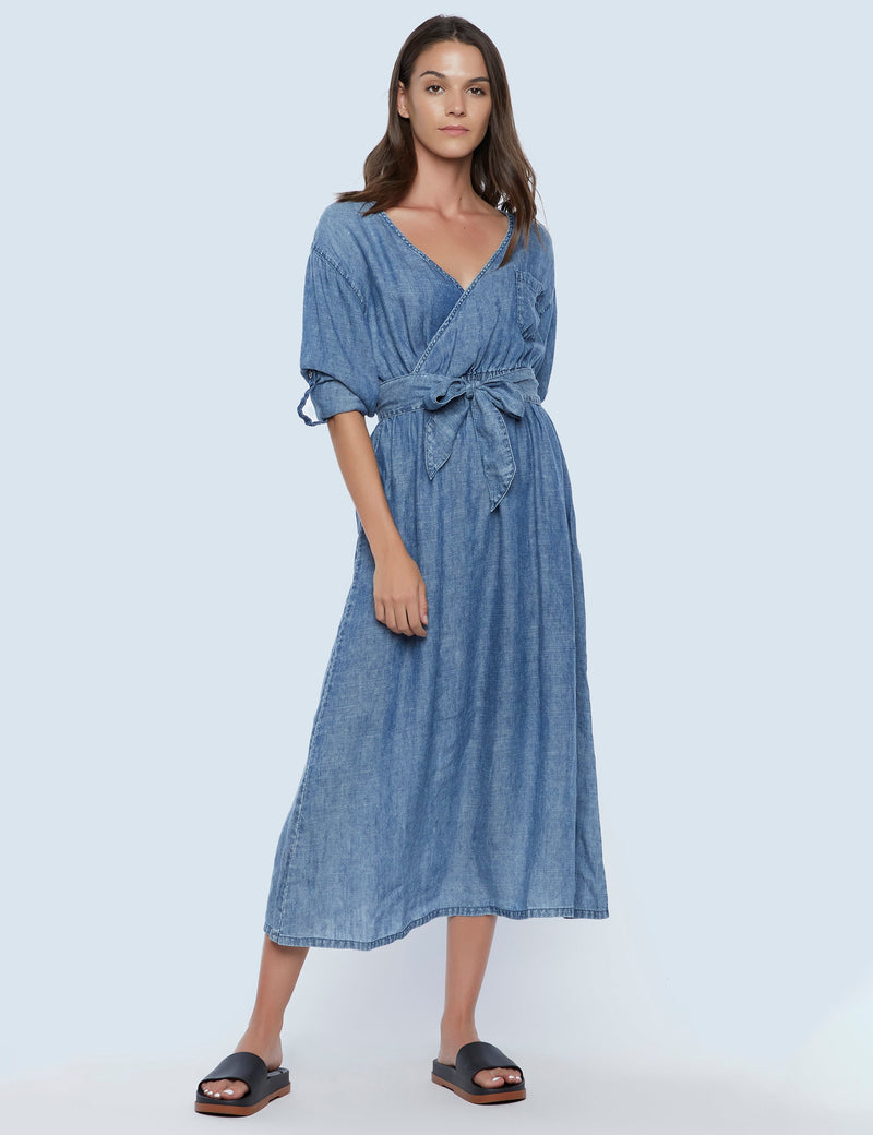 Chambray Surplice Midi Dress in Circle Blue Front View