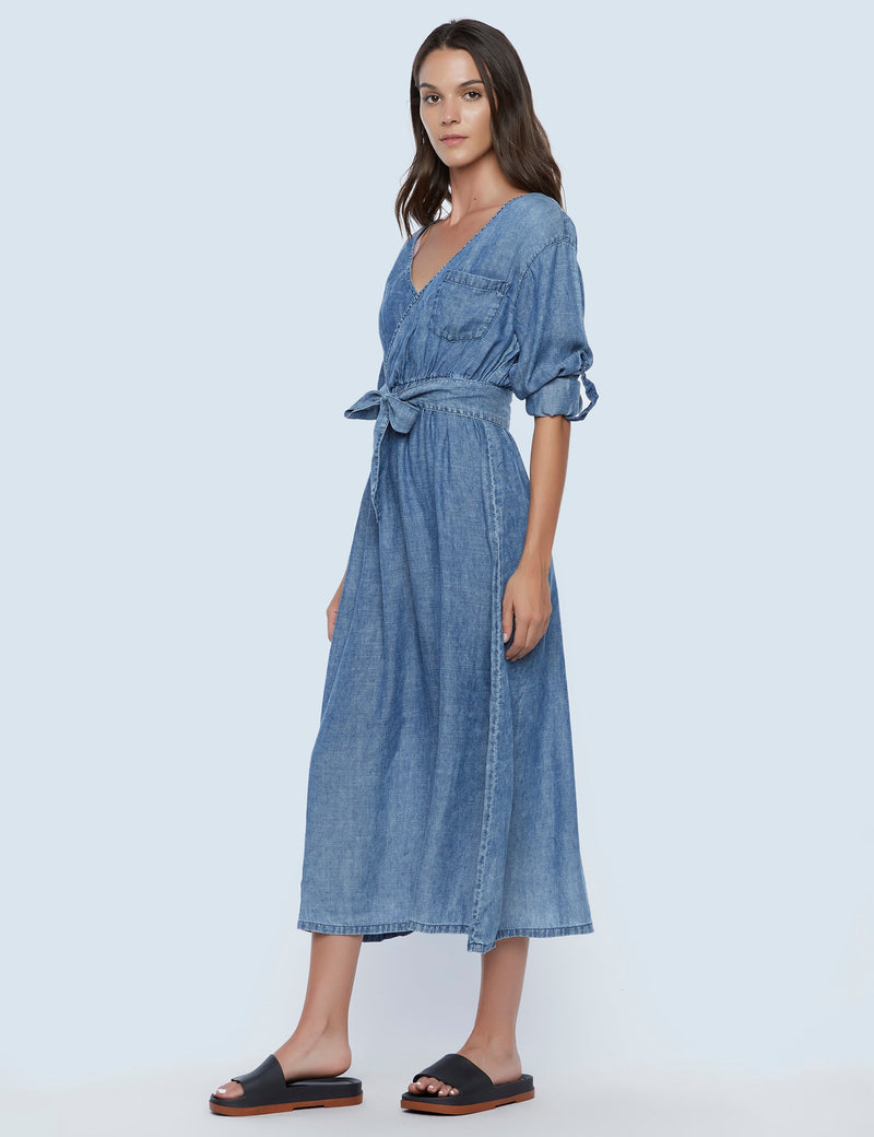 Chambray Surplice Midi Dress in Circle Blue Side View