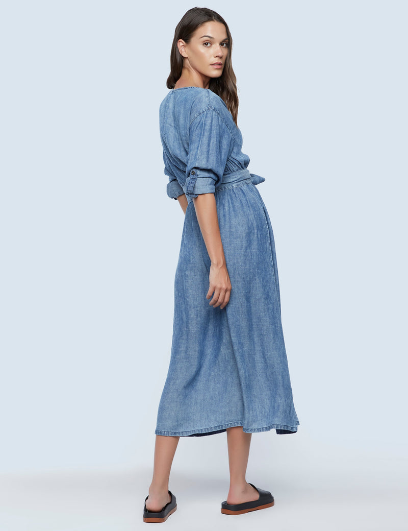 Chambray Surplice Midi Dress in Circle Blue Side Back View