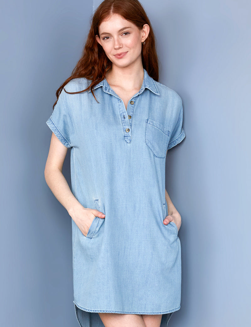 Women's Fashion Brand High-Low Chambray Shirtdress Front View